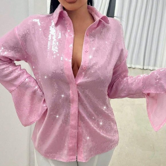 Barbiecore Flounce Sleeve Button Front Sequin Shirt Pink - Picture 1 of 4